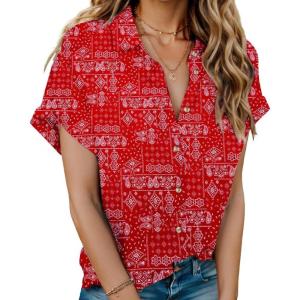 imageHOTOUCH Womens Short Sleeve Button Down Collared ShirtFloral Red