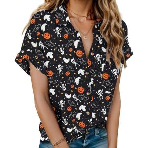 imageHOTOUCH Womens Short Sleeve Button Down Collared ShirtHalloween