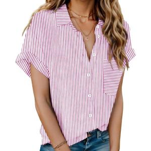 imageHOTOUCH Womens Short Sleeve Button Down Collared ShirtStriped Hot Pink