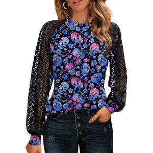 imageHOTOUCH Womens ShortLong Sleeve Lace BlouseHalloween Skull