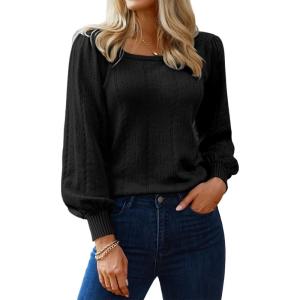 imageHotouch Sweaters for Women 2026 Fall Trendy Tops Casual Puff Sleeve Square Neck Cute Tunic Pullover Blouses XSXXL02black