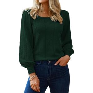 imageHotouch Sweaters for Women 2026 Fall Trendy Tops Casual Puff Sleeve Square Neck Cute Tunic Pullover Blouses XSXXL02green