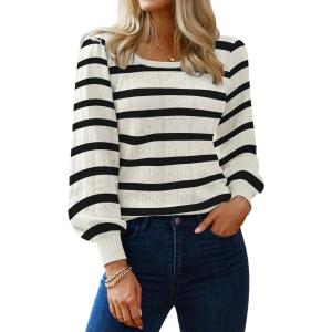 imageHotouch Sweaters for Women 2026 Fall Trendy Tops Casual Puff Sleeve Square Neck Cute Tunic Pullover Blouses XSXXL02stripe2