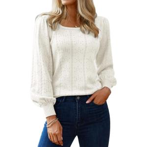 imageHotouch Sweaters for Women 2026 Fall Trendy Tops Casual Puff Sleeve Square Neck Cute Tunic Pullover Blouses XSXXL02white