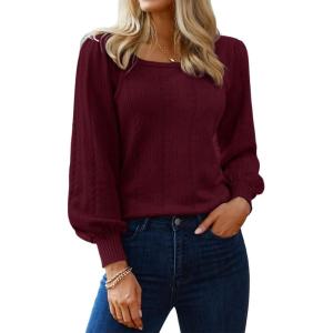 imageHotouch Sweaters for Women 2026 Fall Trendy Tops Casual Puff Sleeve Square Neck Cute Tunic Pullover Blouses XSXXL02wine Red
