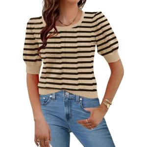 imageHotouch Sweaters for Women 2026 Fall Trendy Tops Casual Puff Sleeve Square Neck Cute Tunic Pullover Blouses XSXXLBeige Black Stripe