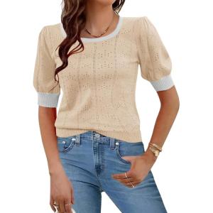 imageHotouch Sweaters for Women 2026 Fall Trendy Tops Casual Puff Sleeve Square Neck Cute Tunic Pullover Blouses XSXXLBeige White Colorblock