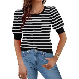 imageHotouch Sweaters for Women 2026 Fall Trendy Tops Casual Puff Sleeve Square Neck Cute Tunic Pullover Blouses XSXXLBlack White Stripe