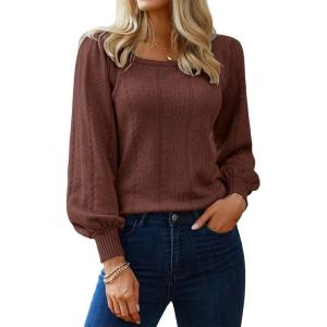 imageHotouch Sweaters for Women 2026 Fall Trendy Tops Casual Puff Sleeve Square Neck Cute Tunic Pullover Blouses XSXXLBrown