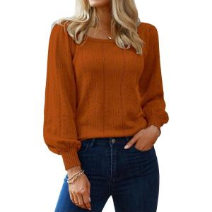 imageHotouch Sweaters for Women 2026 Fall Trendy Tops Casual Puff Sleeve Square Neck Cute Tunic Pullover Blouses XSXXLOrange
