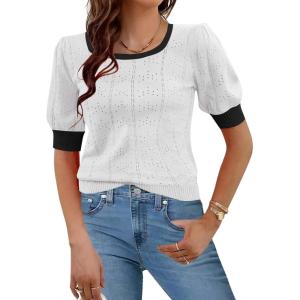imageHotouch Sweaters for Women 2026 Fall Trendy Tops Casual Puff Sleeve Square Neck Cute Tunic Pullover Blouses XSXXLWhite Black Colorblock