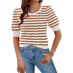 imageHotouch Sweaters for Women 2026 Fall Trendy Tops Casual Puff Sleeve Square Neck Cute Tunic Pullover Blouses XSXXLWhite Coffee Stripe
