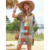 image:imageHOTOUCH Womens Summer Shirt Dress 2026 Short Sleeve Floral Shift Dress Casual Loose Flowy Beach Sundress with PocketsPatchwork Print