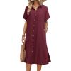 image:imageHOTOUCH Womens Dress Summer Casual Midi Short Sleeve Button Down Shirt Dresses Loose Beach Cover Up with PocketsWine Red