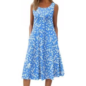 image:imageHOTOUCH Summer Casual Dresses for Women Sleeveless Midi Dress Swing Tank Sundress Pleated Tshirt Dress with PocketsA Blue Floral 01