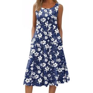 image:imageHOTOUCH Summer Casual Dresses for Women Sleeveless Midi Dress Swing Tank Sundress Pleated Tshirt Dress with PocketsA Blue Floral 02