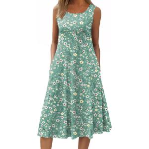 image:imageHOTOUCH Summer Casual Dresses for Women Sleeveless Midi Dress Swing Tank Sundress Pleated Tshirt Dress with PocketsA Green Floral