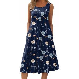 image:imageHOTOUCH Summer Casual Dresses for Women Sleeveless Midi Dress Swing Tank Sundress Pleated Tshirt Dress with PocketsA Navy Floral