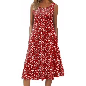 image:imageHOTOUCH Summer Casual Dresses for Women Sleeveless Midi Dress Swing Tank Sundress Pleated Tshirt Dress with PocketsA Red Floral