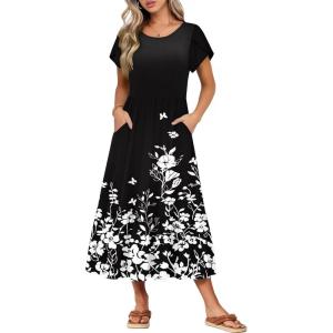 image:imageHOTOUCH Summer Dresses for Women 2026 Casual Midi Boho T Shirt Dress Ladies Sundress Aline Long Beach Vacation ClothesA01black Floral