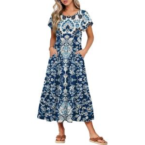 image:imageHOTOUCH Summer Dresses for Women 2026 Casual Midi Boho T Shirt Dress Ladies Sundress Aline Long Beach Vacation ClothesA02blue Ethnic Style