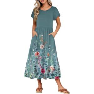 image:imageHOTOUCH Summer Dresses for Women 2026 Casual Midi Boho T Shirt Dress Ladies Sundress Aline Long Beach Vacation ClothesA03green Floral