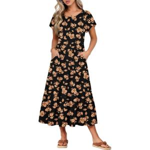 image:imageHOTOUCH Summer Dresses for Women 2026 Casual Midi Boho T Shirt Dress Ladies Sundress Aline Long Beach Vacation ClothesBlack Orange Floral