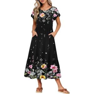 image:imageHOTOUCH Summer Dresses for Women 2026 Casual Midi Boho T Shirt Dress Ladies Sundress Aline Long Beach Vacation ClothesBlack Watercolour Flowers
