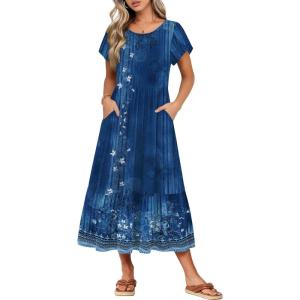 image:imageHOTOUCH Summer Dresses for Women 2026 Casual Midi Boho T Shirt Dress Ladies Sundress Aline Long Beach Vacation ClothesBlue Floral