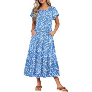 image:imageHOTOUCH Summer Dresses for Women 2026 Casual Midi Boho T Shirt Dress Ladies Sundress Aline Long Beach Vacation ClothesBlue Floral Print