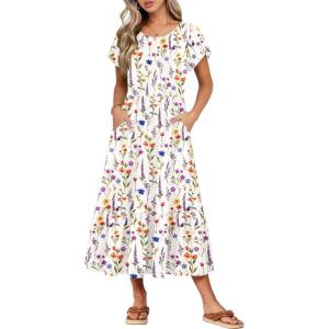 image:imageHOTOUCH Summer Dresses for Women 2026 Casual Midi Boho T Shirt Dress Ladies Sundress Aline Long Beach Vacation ClothesColorful Floral