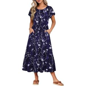 image:imageHOTOUCH Summer Dresses for Women 2026 Casual Midi Boho T Shirt Dress Ladies Sundress Aline Long Beach Vacation ClothesNavy Blue Flowers