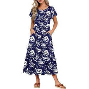image:imageHOTOUCH Summer Dresses for Women 2026 Casual Midi Boho T Shirt Dress Ladies Sundress Aline Long Beach Vacation ClothesNavy Blue White Flowers