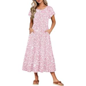 image:imageHOTOUCH Summer Dresses for Women 2026 Casual Midi Boho T Shirt Dress Ladies Sundress Aline Long Beach Vacation ClothesPink Floral Print