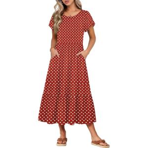 image:imageHOTOUCH Summer Dresses for Women 2026 Casual Midi Boho T Shirt Dress Ladies Sundress Aline Long Beach Vacation ClothesRed Round Dot