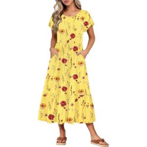 image:imageHOTOUCH Summer Dresses for Women 2026 Casual Midi Boho T Shirt Dress Ladies Sundress Aline Long Beach Vacation ClothesYellow Floral