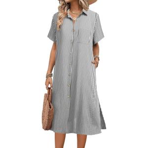 image:imageHOTOUCH Womens Dress Summer Casual Midi Short Sleeve Button Down Shirt Dresses Loose Beach Cover Up with Pockets01black Stripe