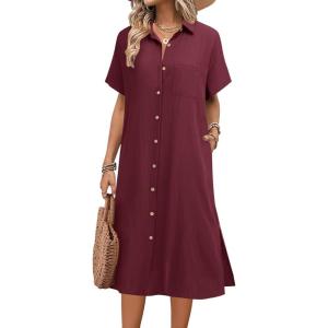 image:imageHOTOUCH Womens Dress Summer Casual Midi Short Sleeve Button Down Shirt Dresses Loose Beach Cover Up with PocketsWine Red