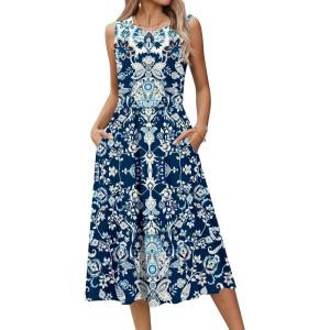 image:imageHOTOUCH Womens Summer Desses Casual Sleeveless Tank Midi Dress with Pockets Aline Flowy Vocation Beach Sundress 2026Blue Ethnic
