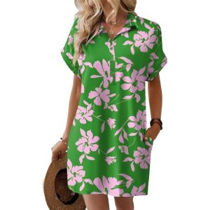 image:imageHOTOUCH Womens Summer Shirt Dress 2026 Short Sleeve Floral Shift Dress Casual Loose Flowy Beach Sundress with PocketsA02pink Floral Print