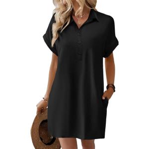 image:imageHOTOUCH Womens Summer Shirt Dress 2026 Short Sleeve Floral Shift Dress Casual Loose Flowy Beach Sundress with PocketsA03black