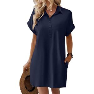 image:imageHOTOUCH Womens Summer Shirt Dress 2026 Short Sleeve Floral Shift Dress Casual Loose Flowy Beach Sundress with PocketsA05navy Blue