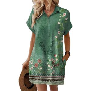 image:imageHOTOUCH Womens Summer Shirt Dress 2026 Short Sleeve Floral Shift Dress Casual Loose Flowy Beach Sundress with PocketsGreen Print