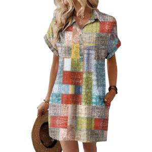 image:imageHOTOUCH Womens Summer Shirt Dress 2026 Short Sleeve Floral Shift Dress Casual Loose Flowy Beach Sundress with PocketsPatchwork Print