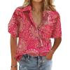 image:imageHOTOUCH Cotton Linen Button Down Shirt for Women V Neck Collared Blouse Casual Short Sleeve Tops with PocketFloral Cx320
