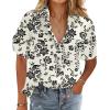 image:imageHOTOUCH Cotton Linen Button Down Shirt for Women V Neck Collared Blouse Casual Short Sleeve Tops with PocketFloral Sf335