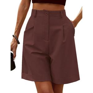 image:imageHOTOUCH Bermuda Shorts for Women Summer Dressy Casual Elastic High Waisted Wide Leg Knee Length Shorts with PocketsBrown