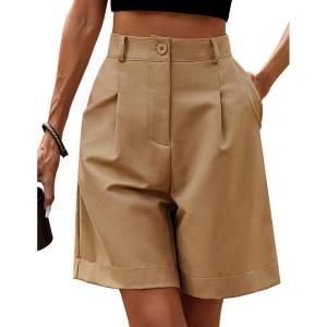 image:imageHOTOUCH Bermuda Shorts for Women Summer Dressy Casual Elastic High Waisted Wide Leg Knee Length Shorts with PocketsCamel