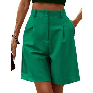image:imageHOTOUCH Bermuda Shorts for Women Summer Dressy Casual Elastic High Waisted Wide Leg Knee Length Shorts with PocketsGreen