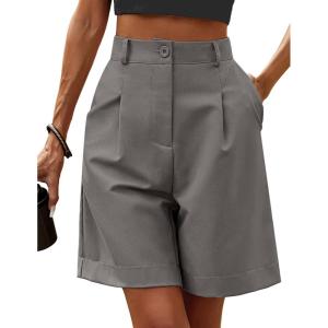 image:imageHOTOUCH Bermuda Shorts for Women Summer Dressy Casual Elastic High Waisted Wide Leg Knee Length Shorts with PocketsGrey